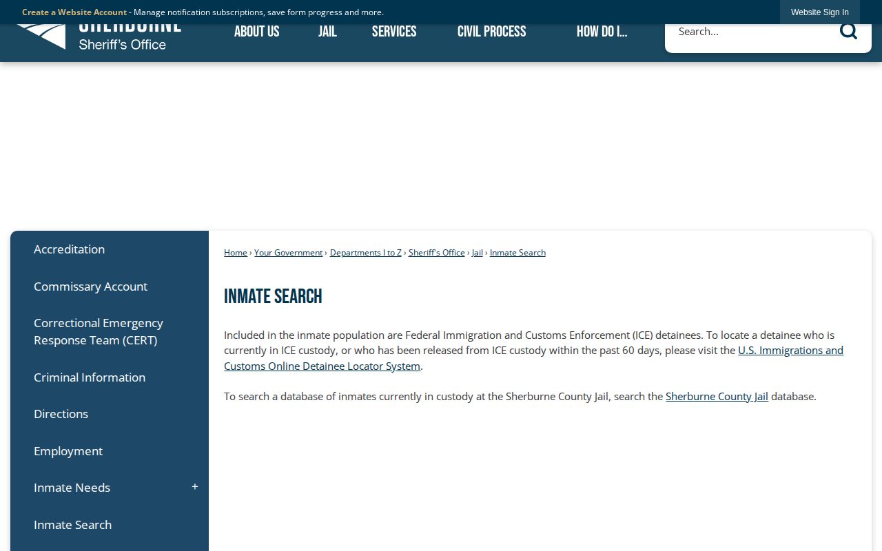 Sherburne County current custody inmate search landing page